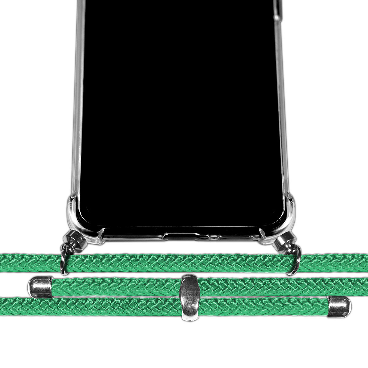 Uno smartphone in una custodia trasparente con un cordino verde. Il cordino è attaccato alla custodia con chiusure metalliche. Lo sfondo è bianco.