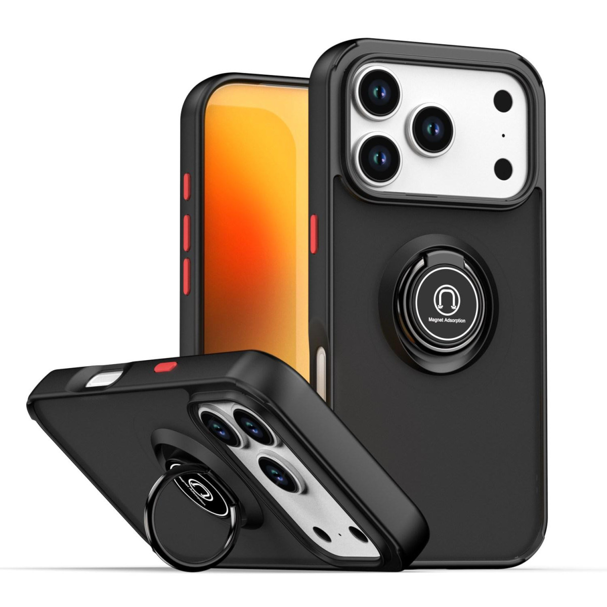 Custodie per telefoni nere con anelli e più lenti della fotocamera sono esposte su sfondo bianco.