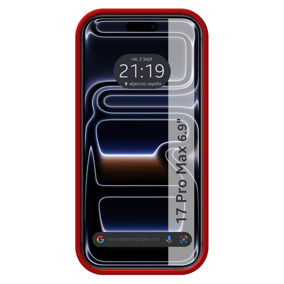 Uno smartphone con bordo rosso mostra un orologio digitale e la data. Lo schermo mostra uno sfondo scuro con linee bianche e il testo "17 Pro Max 6.9".