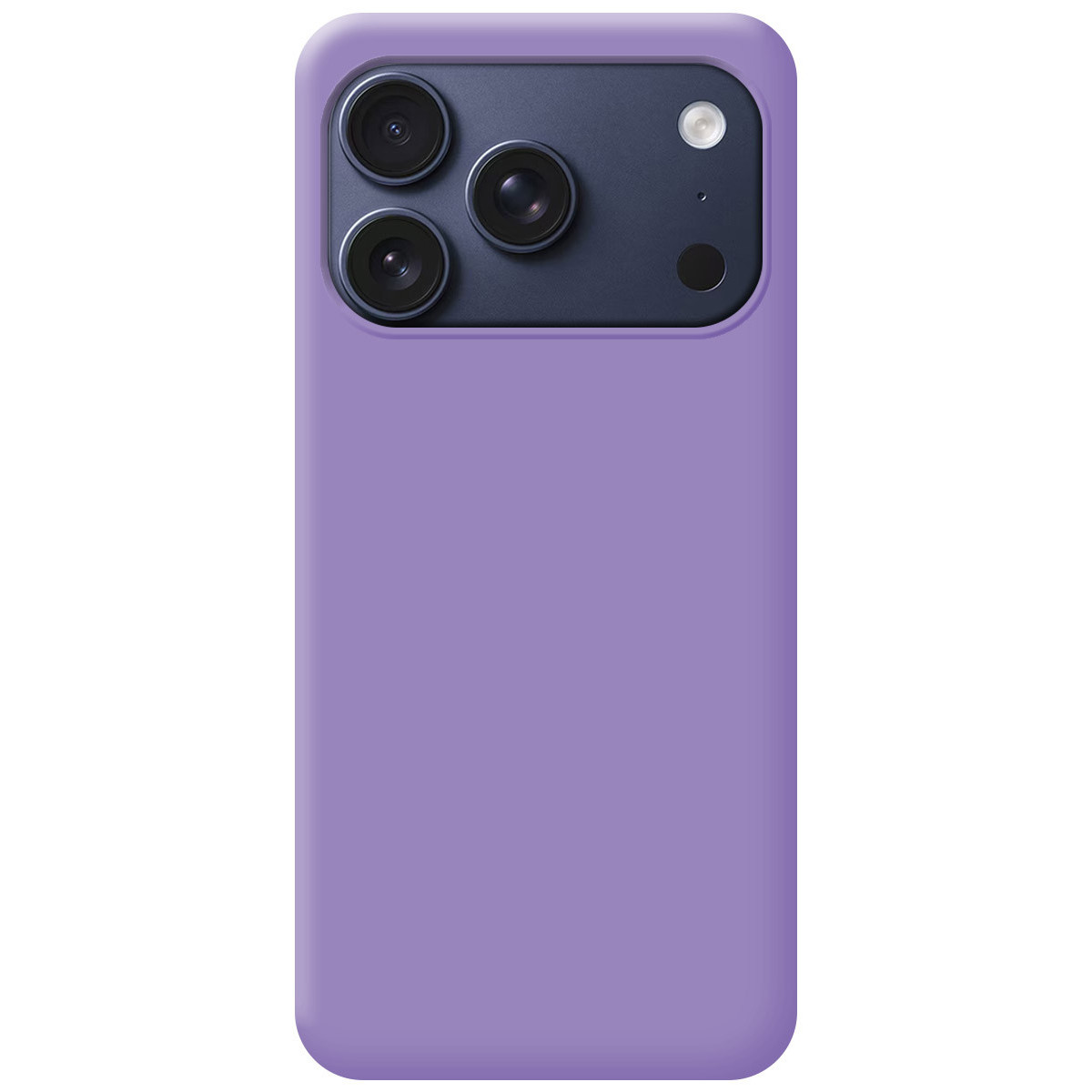 Custodia per telefono viola con tre obiettivi e un flash. La custodia è viola unita. Gli obiettivi sono in una sezione grigio scuro.
