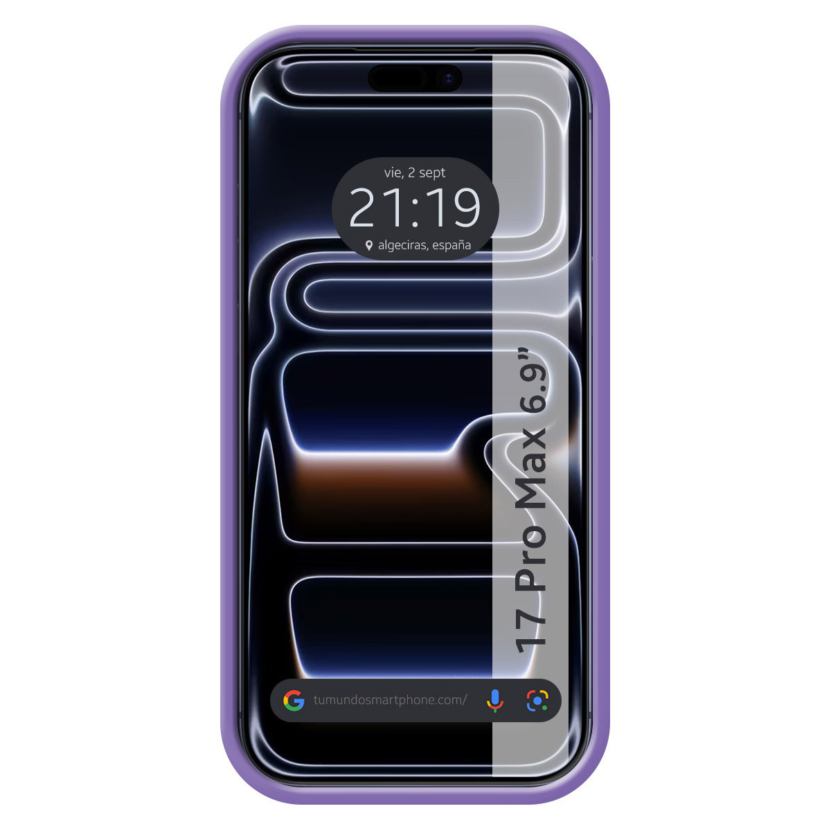 Uno smartphone mostra l'ora (21:19) e il luogo (Algeciras, Spagna). Ha una custodia viola. Lo schermo mostra uno sfondo scuro.