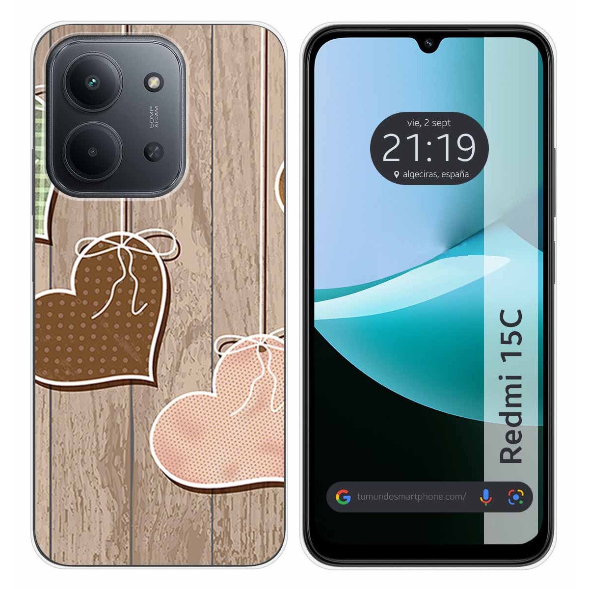 Una funda de teléfono con fondo de madera y corazones colgantes. El teléfono muestra la hora y el logo Redmi 15C.