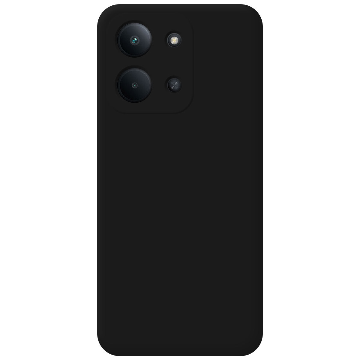 Smartphone nero con tre fotocamere e flash in alto a sinistra. Il telefono è nero semplice.