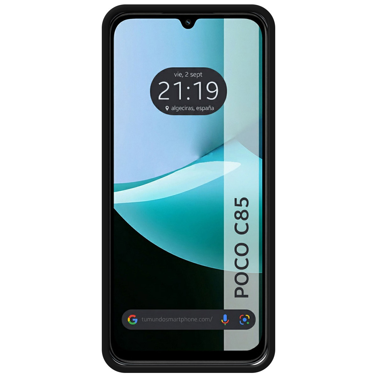 Uno smartphone nero visualizza l'ora 21:19 e la data. Il telefono ha una cornice nera e il marchio POCO C85 è mostrato.