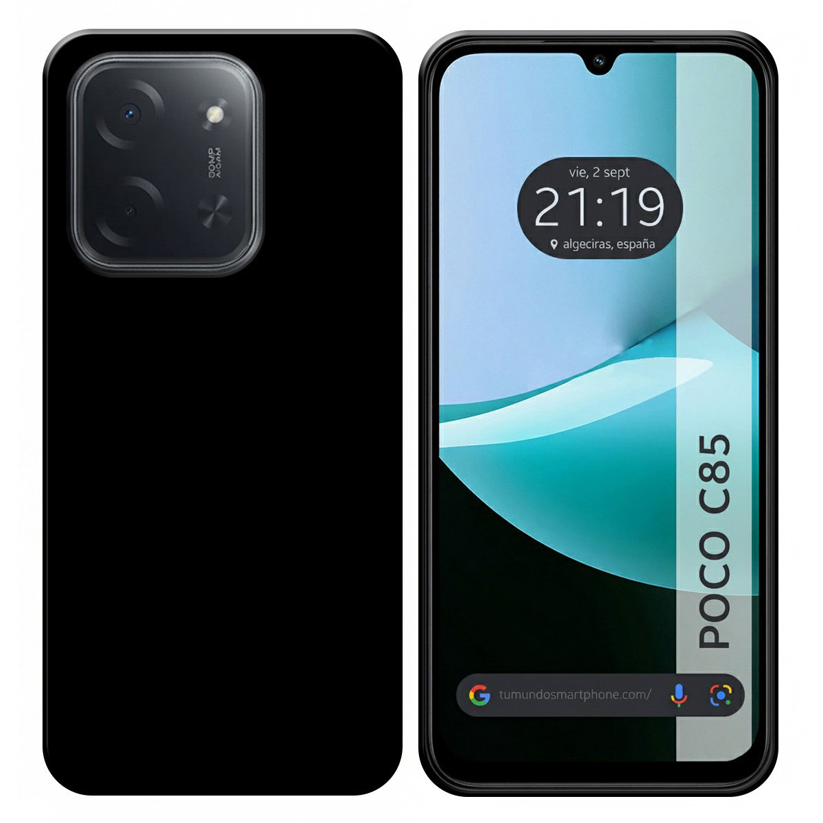 Un telefono Poco C85 nero. Lo schermo mostra l'ora, la data e il luogo. Il retro ha un modulo fotocamera.