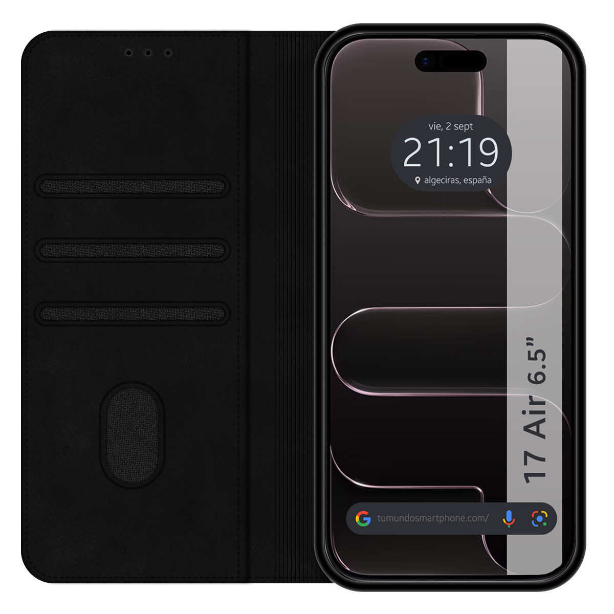 Uno smartphone in una custodia nera. Lo schermo mostra l'ora e il luogo. La custodia è aperta, mostrando il telefono e uno slot.