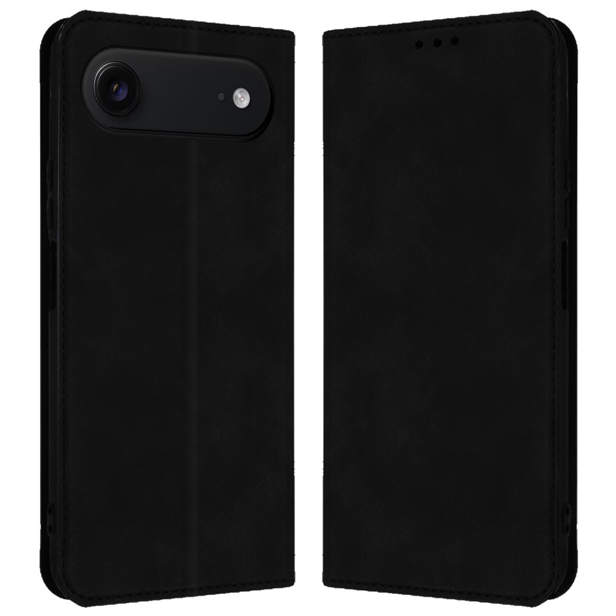 Una custodia per telefono nera, aperta, con la fotocamera del telefono visibile su un lato. La custodia ha una consistenza liscia e una chiusura magnetica.