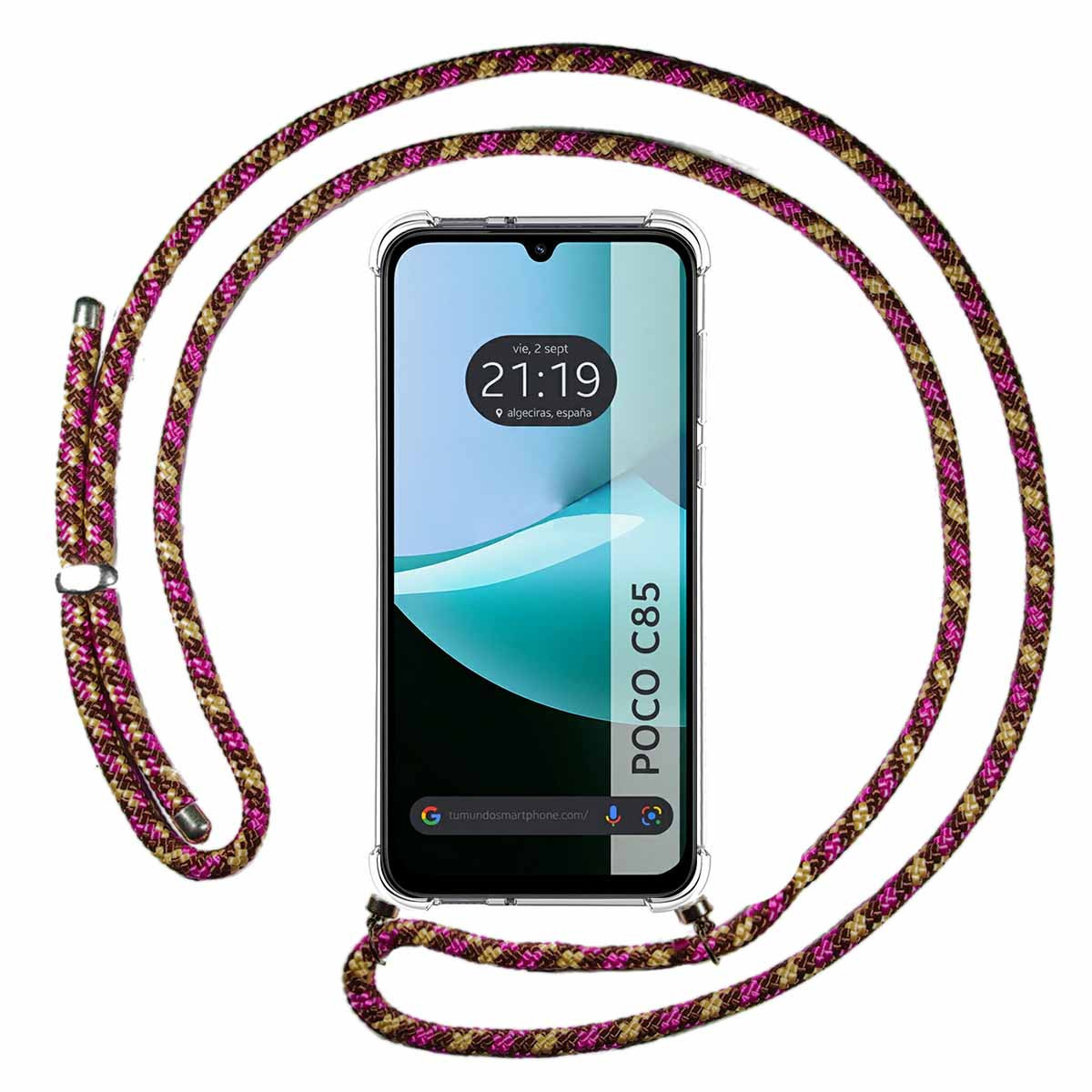 Uno smartphone in una custodia trasparente con un cinturino fantasia. Il telefono mostra l'ora ed è etichettato Poco C85. Il cinturino ha dettagli rosa e oro.