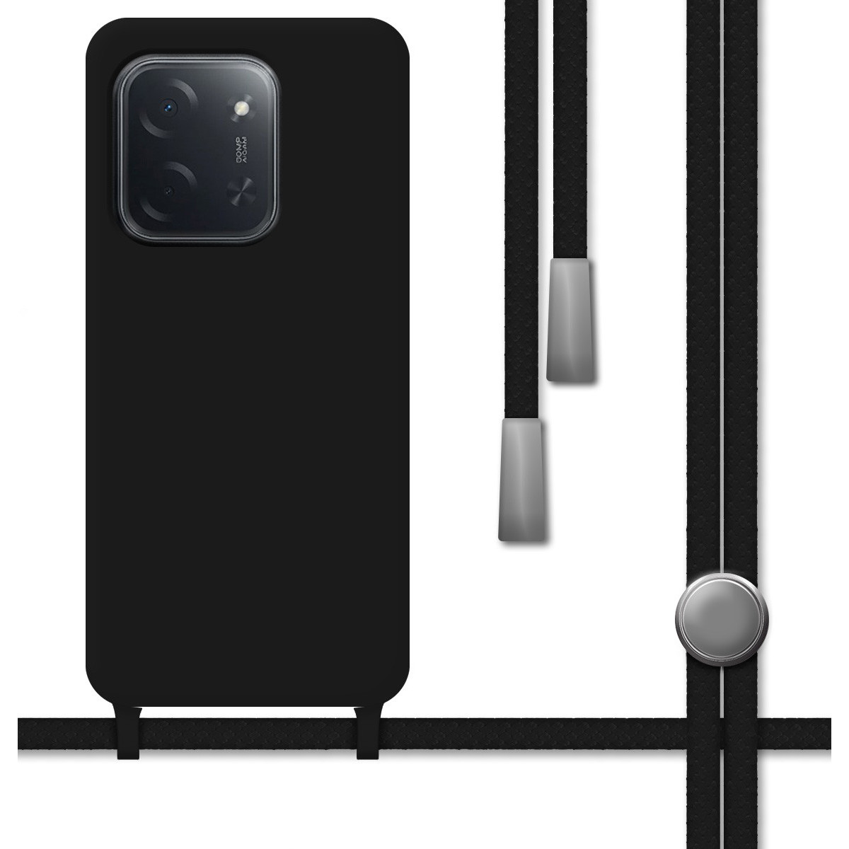 Custodia nera per telefono con fotocamera e cordino. Cordino nero con dettagli argento e bottone in metallo. Sfondo bianco.