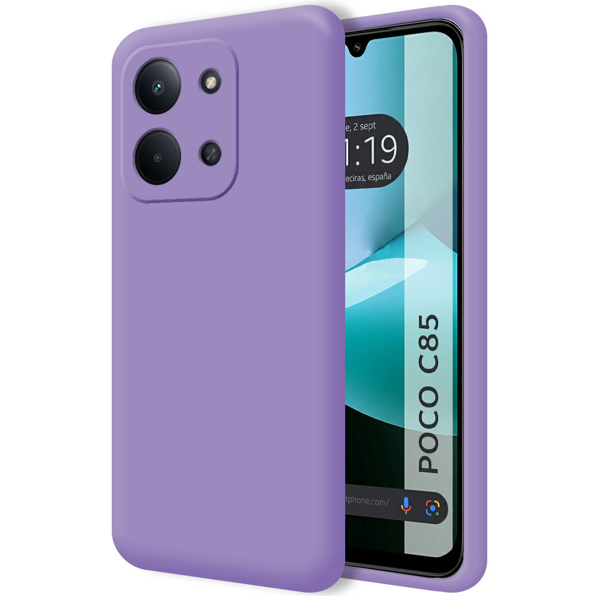 Una custodia per telefono viola con tre obiettivi e uno schermo del telefono che mostra l'ora e le parole POCO C85.