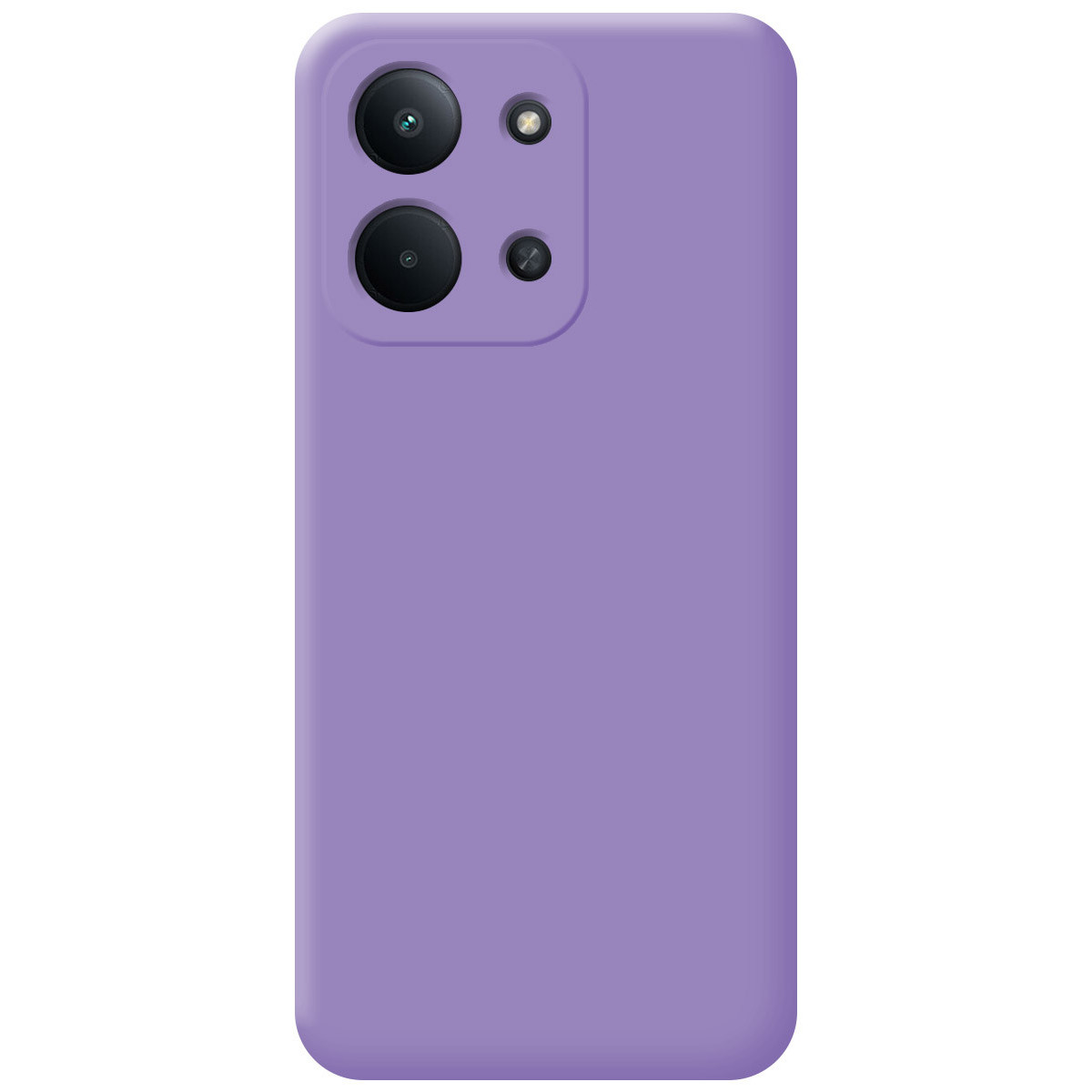 Una custodia per telefono viola con lenti della fotocamera. La custodia è di un viola chiaro e uniforme. Ci sono quattro lenti in alto.