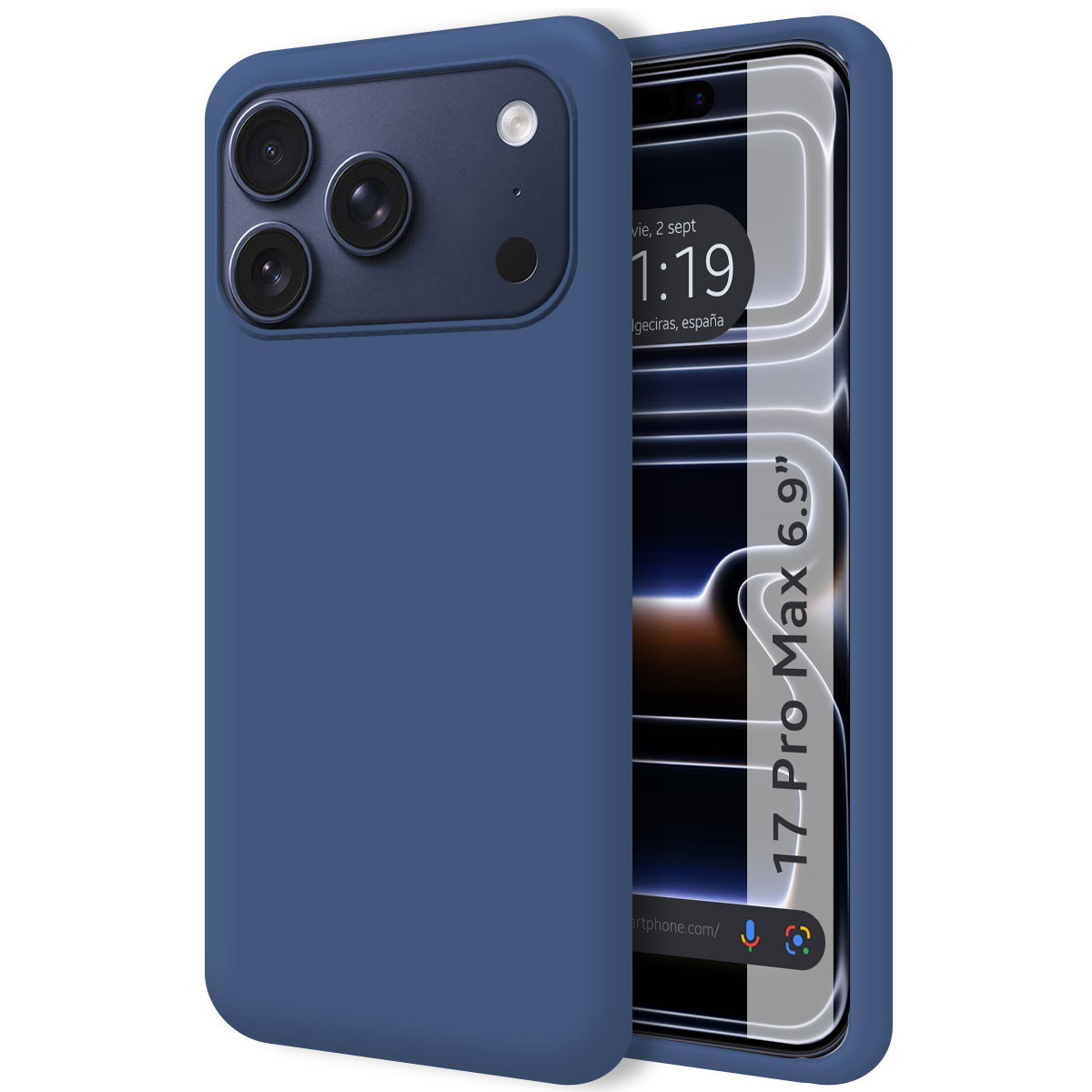Una custodia blu navy copre parzialmente uno smartphone, mostrando la fotocamera e lo schermo con l'ora e '17 Pro Max 6.9"'.