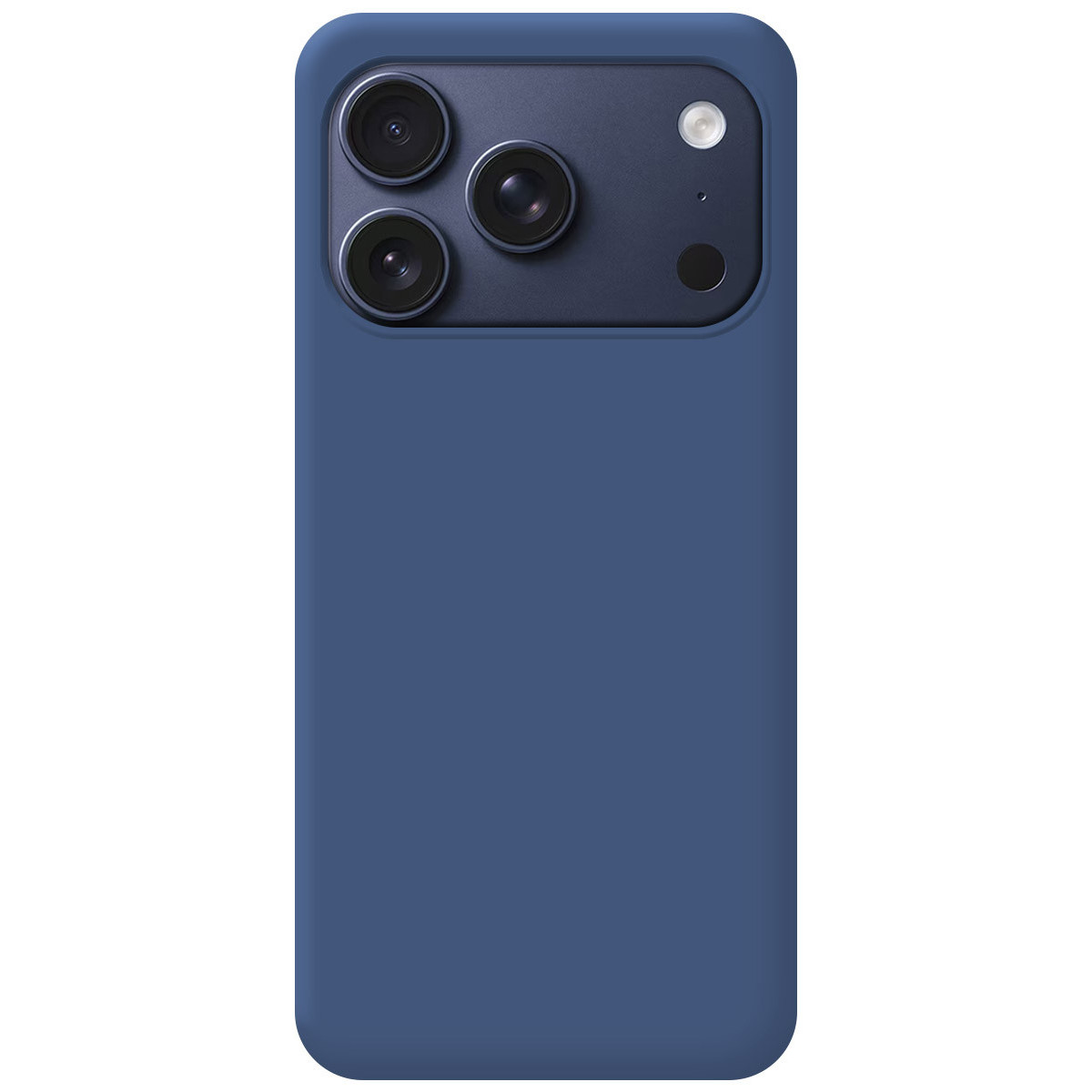 Una custodia per telefono blu navy con tre obiettivi, un flash e un microfono. La custodia è di un colore pieno.