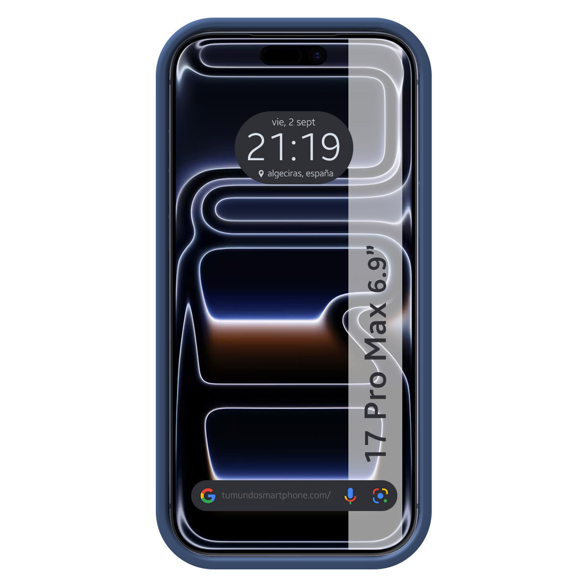 Uno smartphone mostra l'ora e la data. Lo schermo ha uno sfondo scuro con linee bianche e un gradiente di luce. Una custodia blu lo circonda.