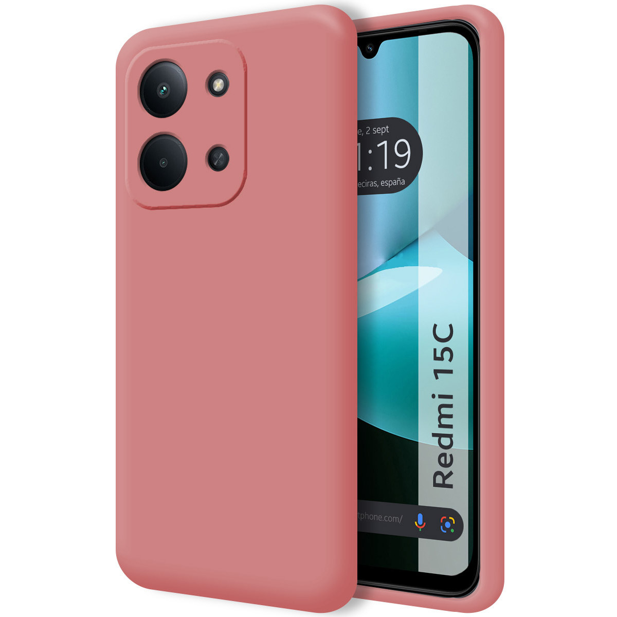 Una custodia rosa accanto a un telefono che mostra l'ora. Il telefono è un Redmi 15C. La custodia ha fori per la fotocamera.