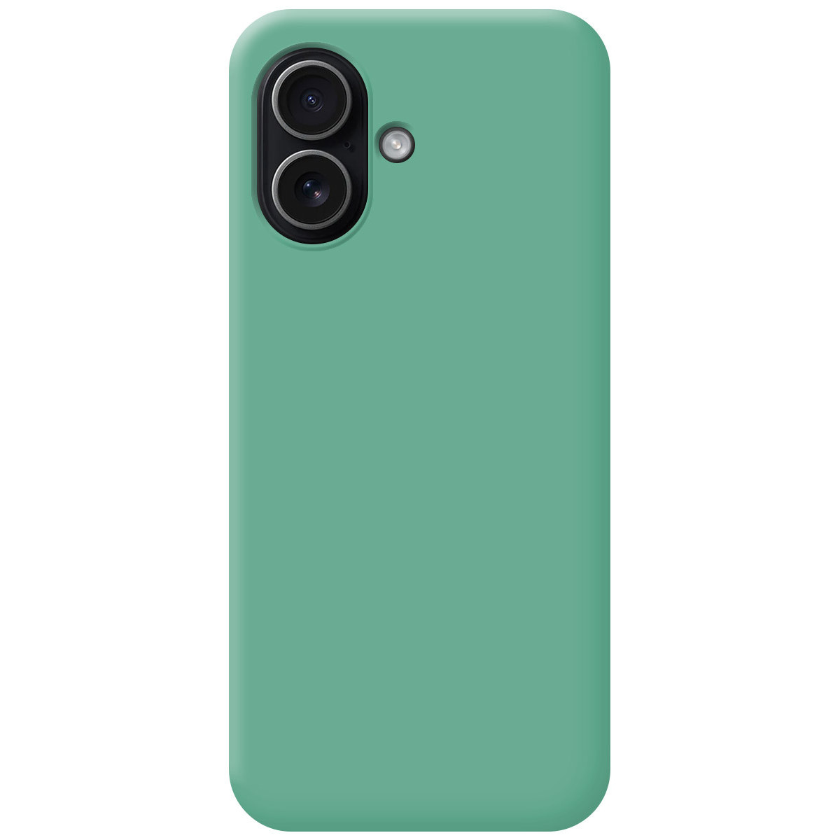 Una custodia per telefono verde chiaro con tre obiettivi in alto, angoli arrotondati e una texture liscia su sfondo bianco.