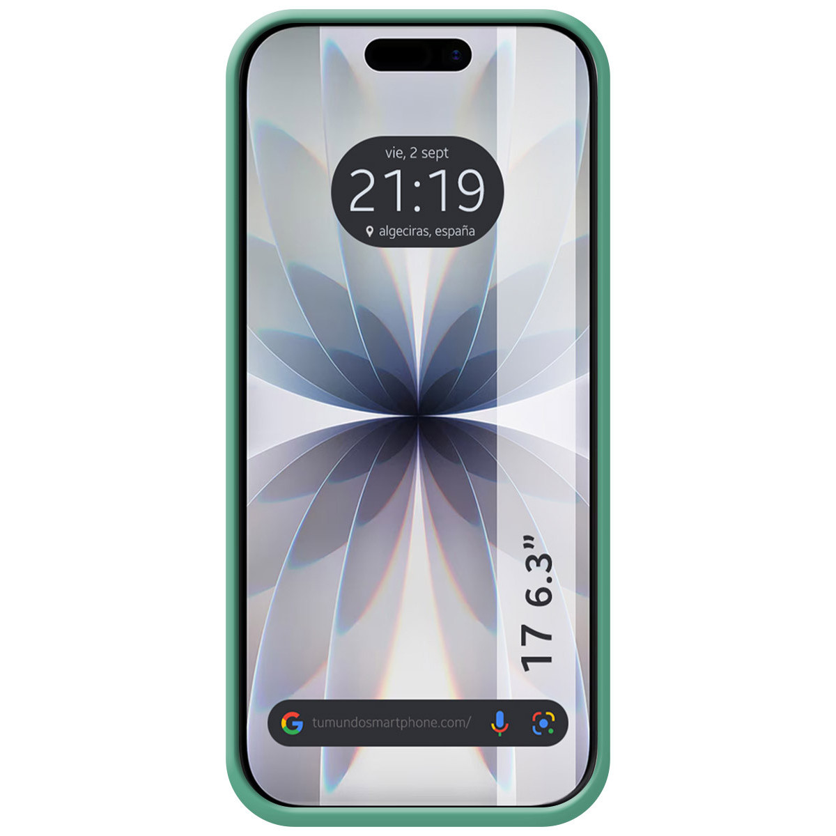Uno smartphone con custodia verde mostra l'ora 21:19. Lo schermo mostra un disegno floreale. Testo: 17 6.3".