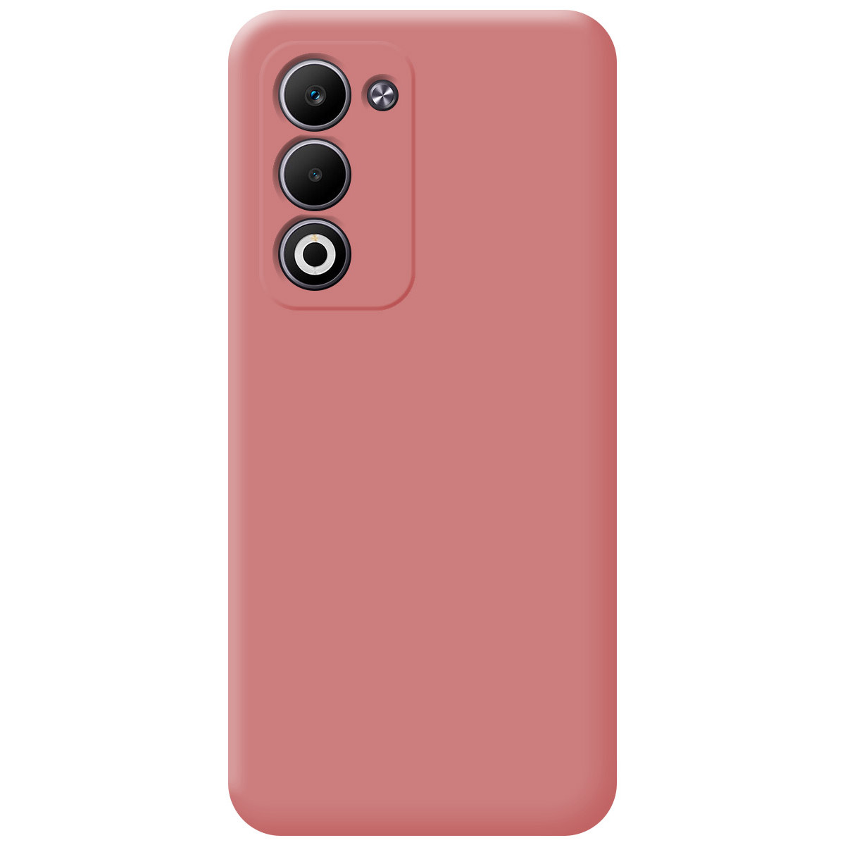Una custodia rosa per telefono con tre obiettivi e un flash. La custodia è liscia e rettangolare.