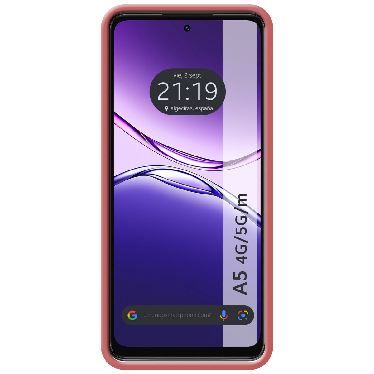 Lo schermo dello smartphone mostra l'ora e la data. Il telefono è in una custodia rosa. Il testo dice A5 4G/5G/m. L'indirizzo del sito web è visibile.