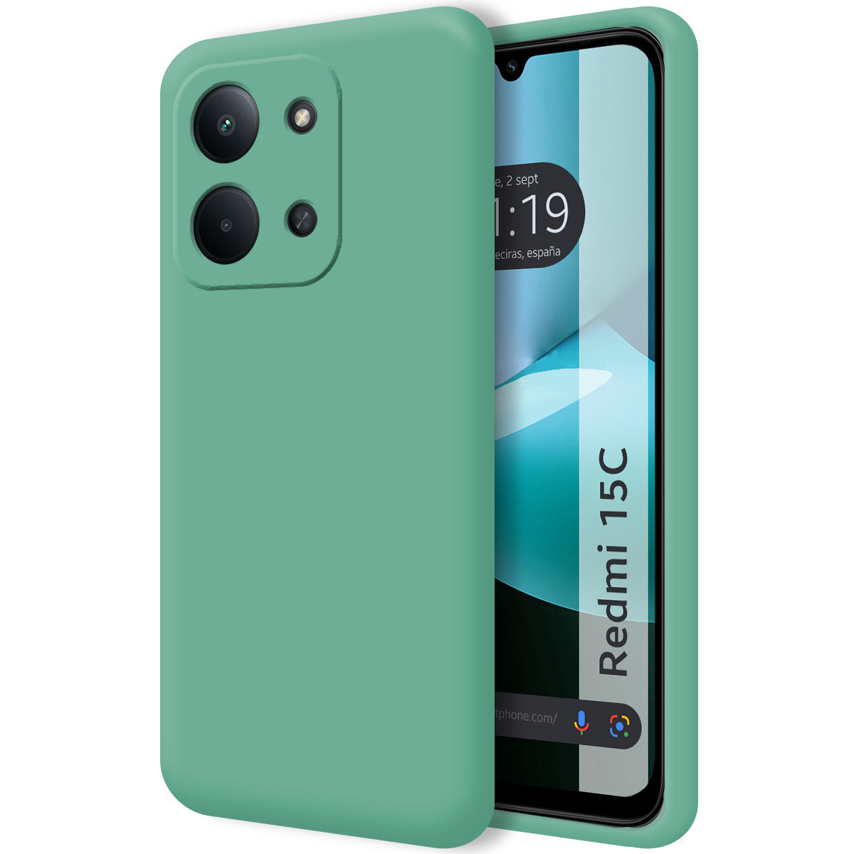 Una custodia verde per telefono con un telefono all'interno. Lo schermo del telefono mostra l'ora 1:19 e il testo Redmi 15C.
