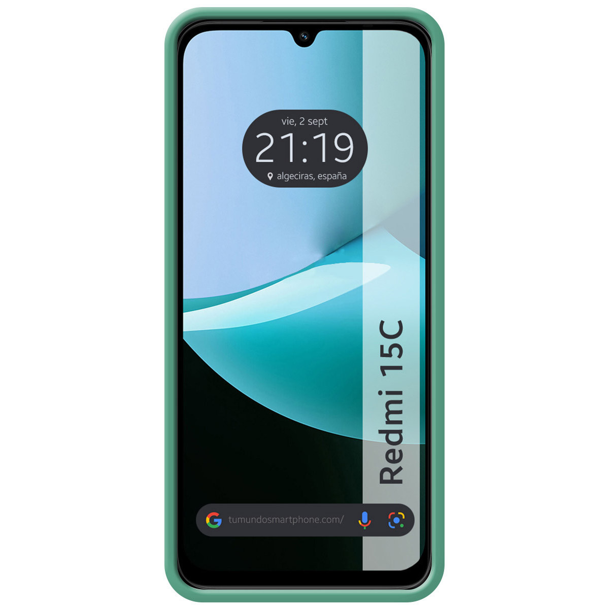 Uno smartphone con custodia verde mostra l'ora: 21:19 e la data, su sfondo turchese e bianco. Il nome del telefono è Redmi 15C.