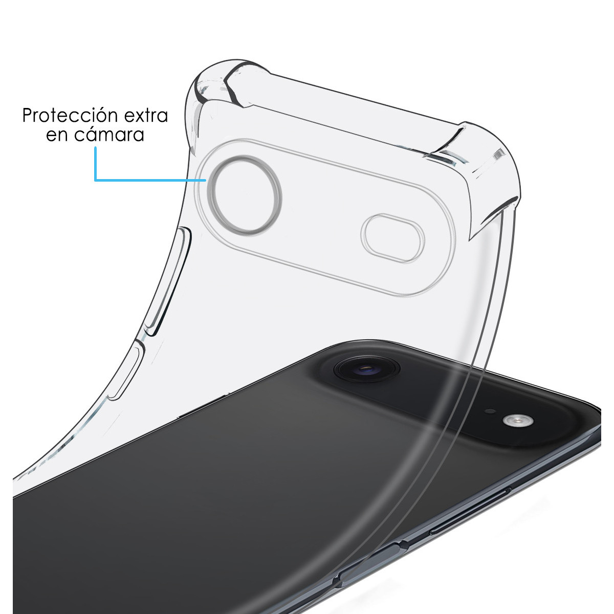 Una custodia trasparente per telefono su un telefono nero. La custodia è etichettata come 'protezione extra per la fotocamera'.