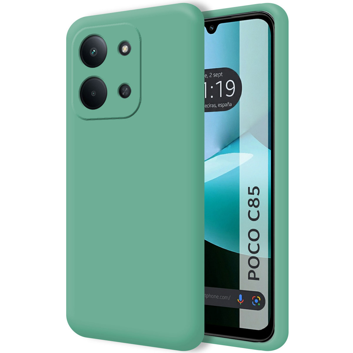 Una custodia teal copre parzialmente un telefono. Lo schermo mostra l'ora e Poco C85. La custodia ha ritagli per la fotocamera.
