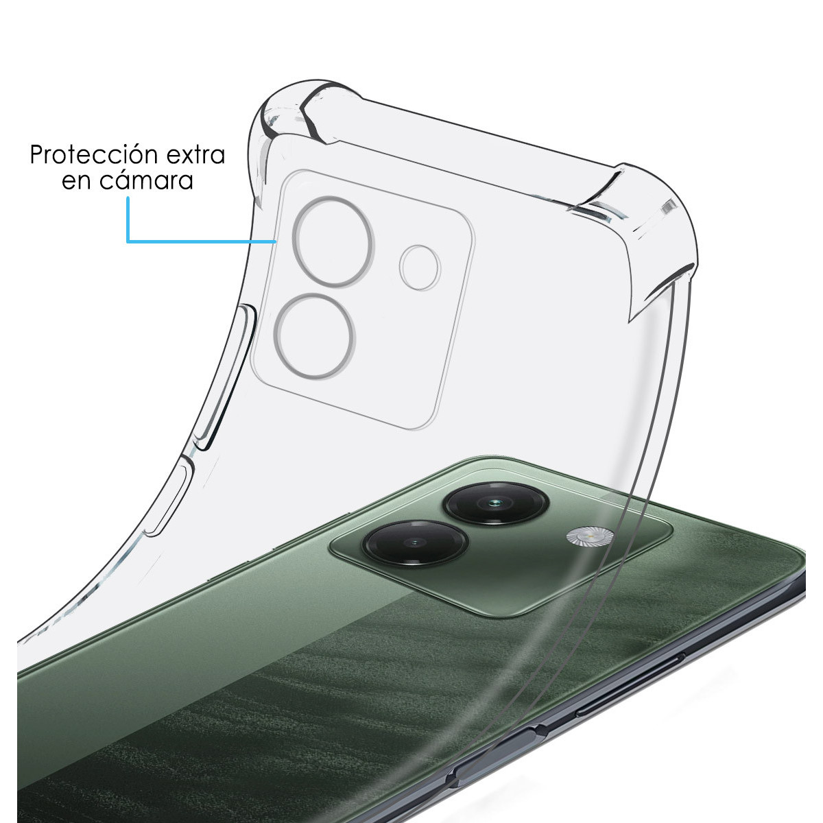 Una custodia trasparente su un telefono verde, con lenti della fotocamera visibili. Il testo indica 'protezione extra fotocamera'.