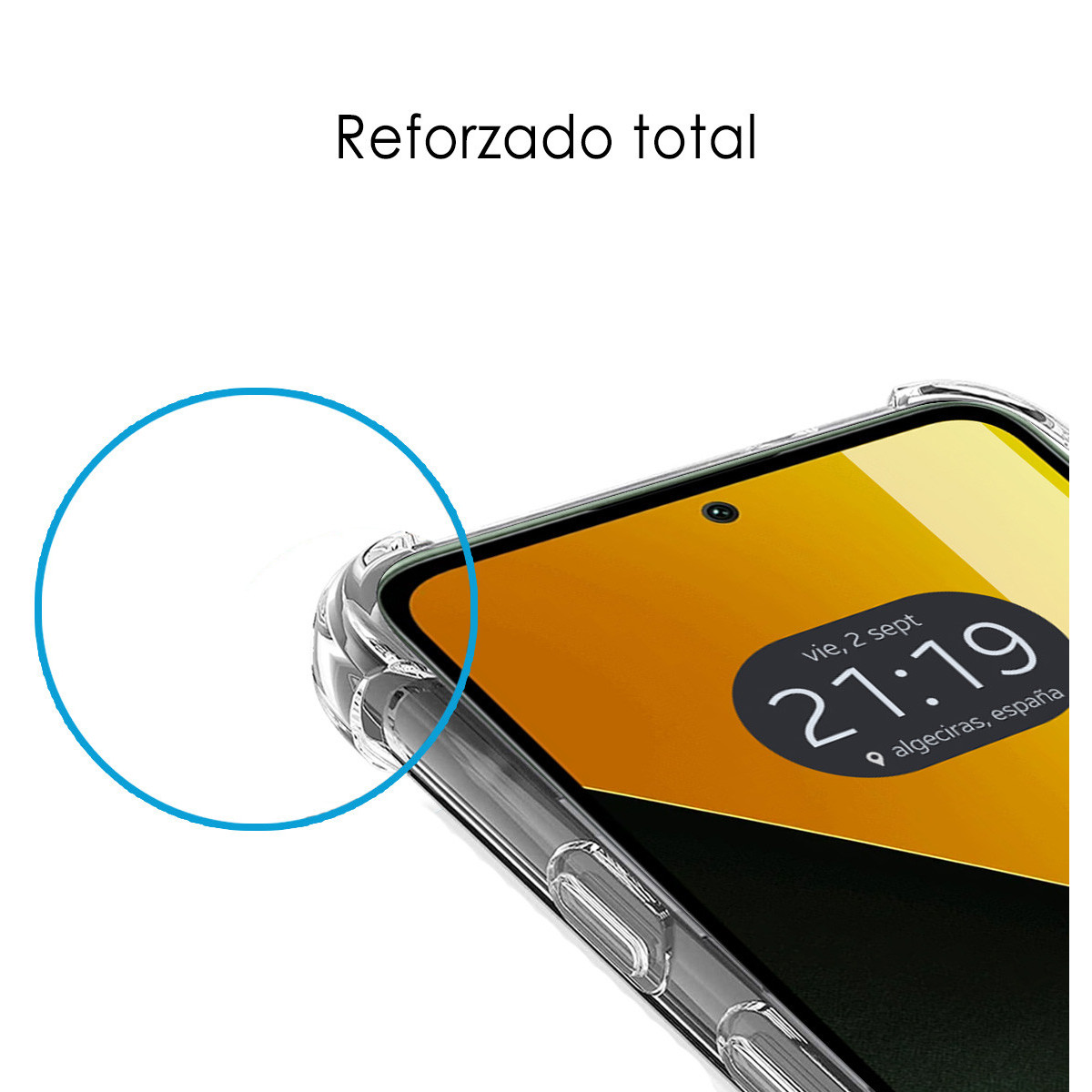 Uno smartphone con una custodia trasparente mostra l'ora e la data. Il testo 'Reforzado total' è in alto.