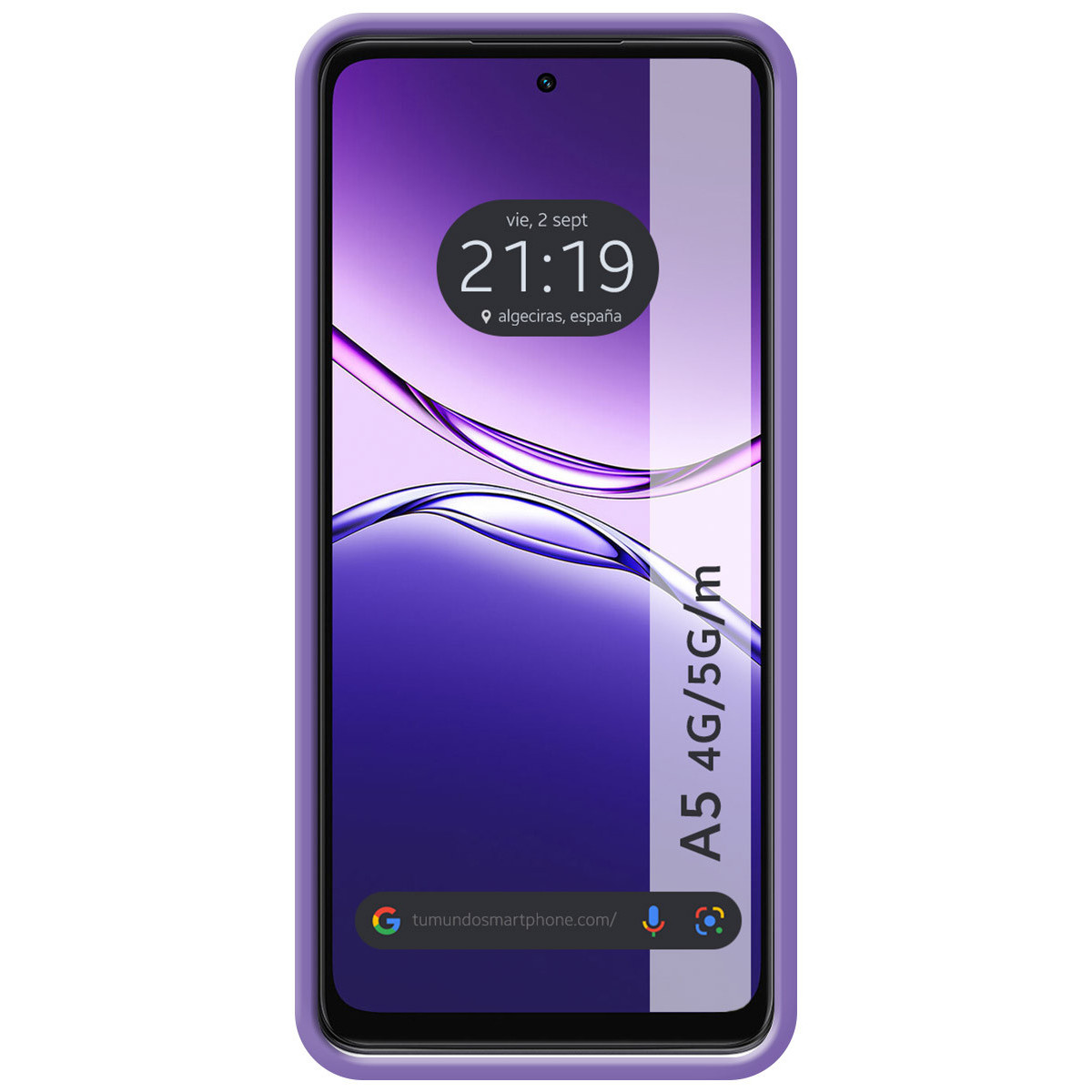 Uno smartphone con custodia viola mostra ora, data e posizione. Lo schermo mostra un design a onde viola e il modello.