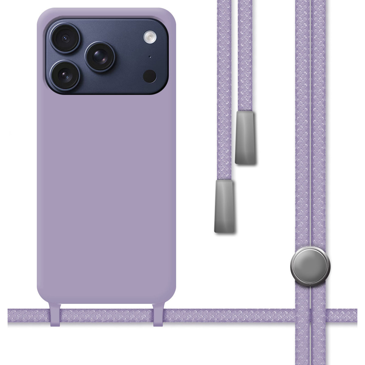 Una custodia per telefono lavanda con una sezione fotocamera grigio scuro e una corda lavanda abbinata. Sono visibili accenti metallici grigi.