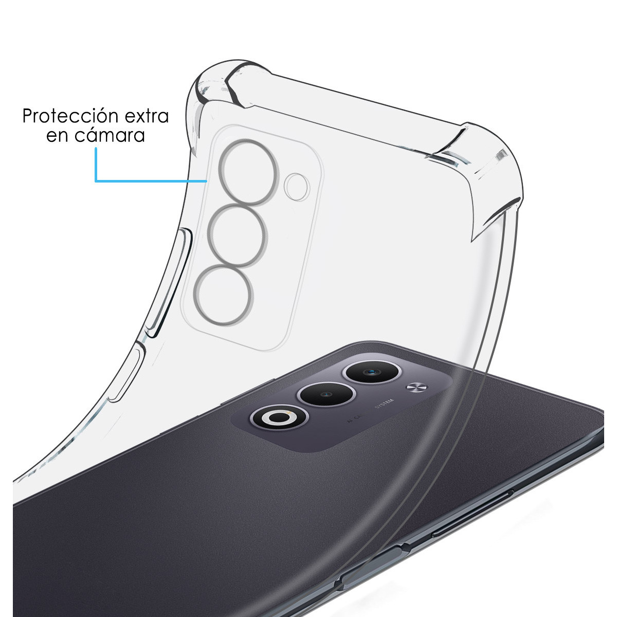 Una funda transparente para teléfono está sobre un teléfono oscuro. La funda tiene protección adicional para la cámara. El teléfono tiene tres lentes.