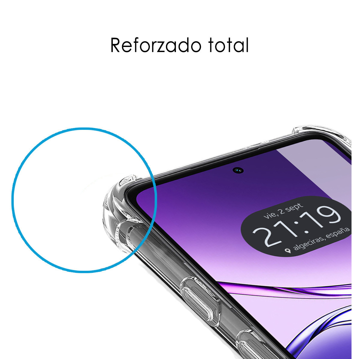 Un smartphone con una funda transparente. La pantalla muestra la hora 21:19. El fondo tiene el texto 'Reforzado total'.
