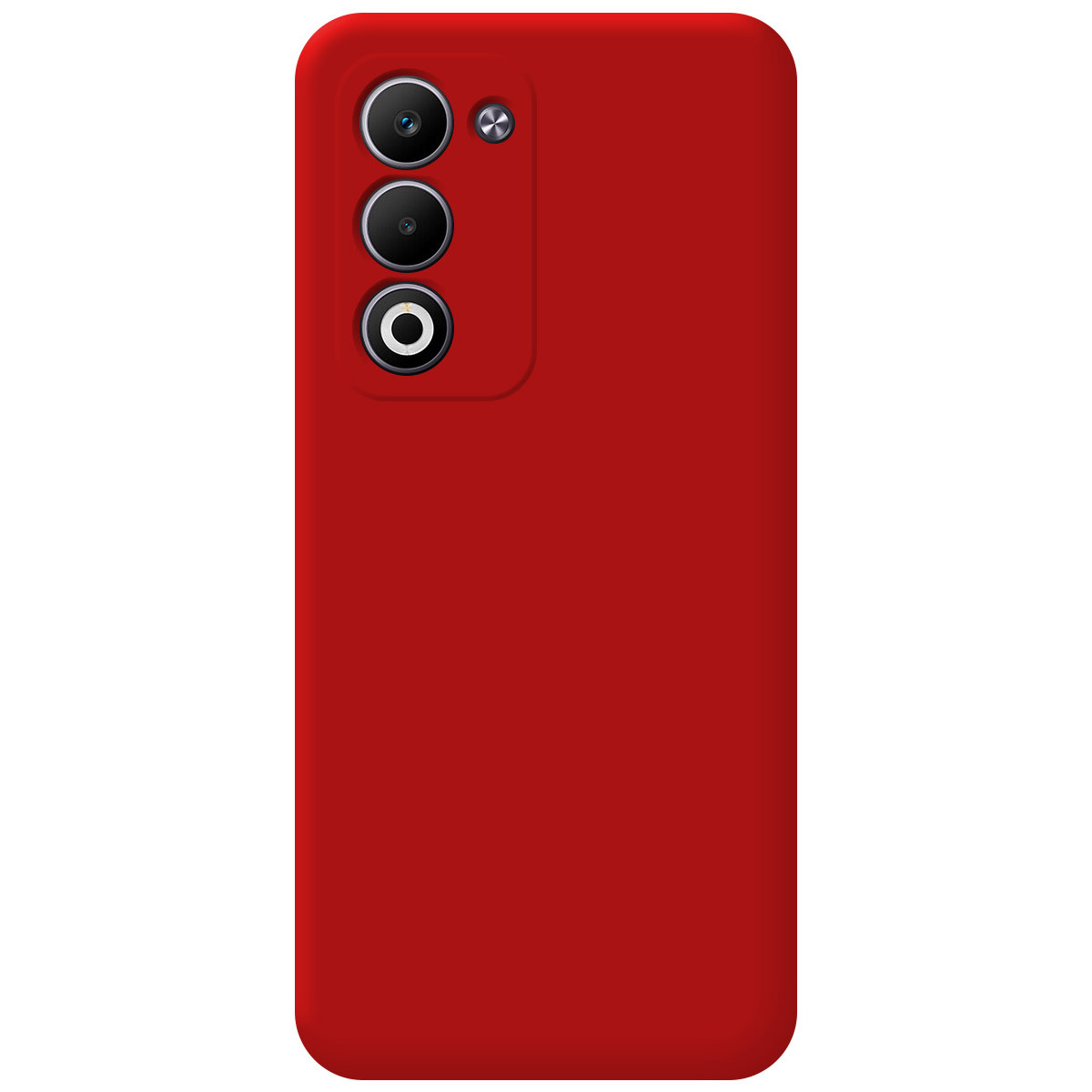 Una custodia rossa per telefono con tre obiettivi e un flash è mostrata su sfondo bianco, la custodia è verticale.