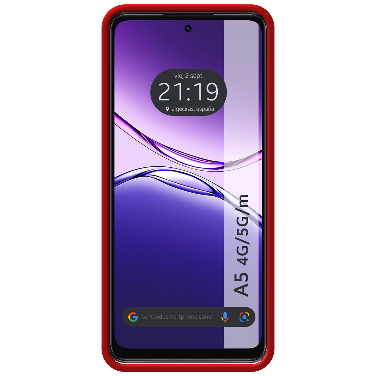 Uno smartphone con cornice rossa mostra l'ora, la data e 'algeciras, españa'. Il telefono mostra 'A5 4G/5G/m' e un indirizzo web.