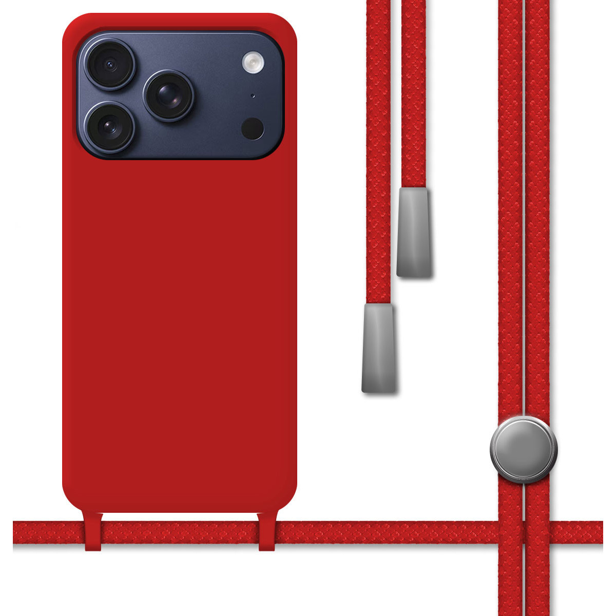Custodia rossa per telefono con lenti della fotocamera e corda rossa. Dettagli metallici grigi. Sfondo bianco.