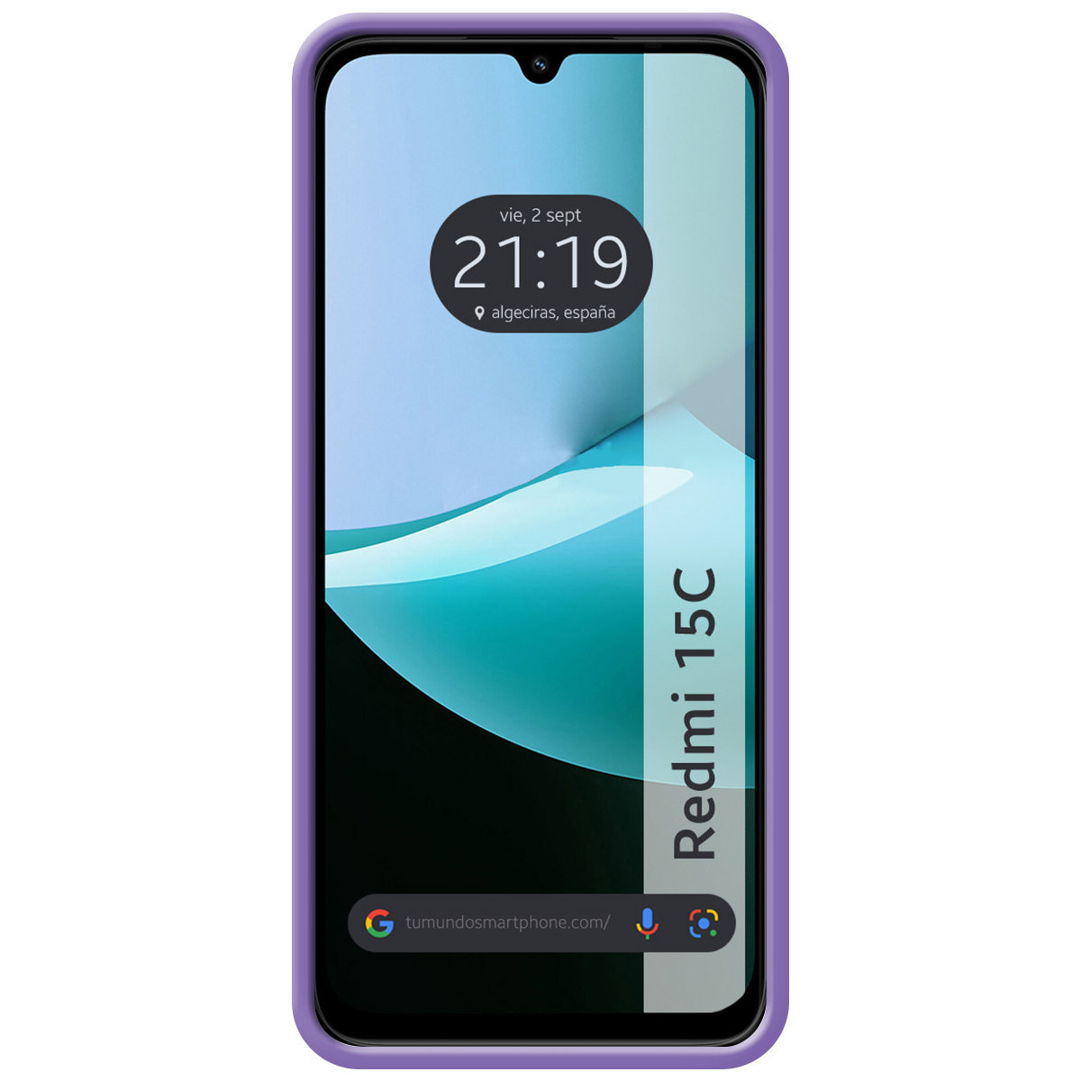 Uno smartphone con cornice viola mostra un orologio che indica le 21:19. Lo schermo presenta un design turchese e bianco e la scritta 'Redmi 15C'.