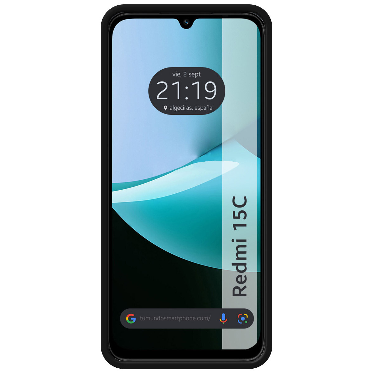 Un teléfono inteligente negro muestra la hora y la fecha, con las palabras 'Redmi 15C' en el lateral. Hay una barra de búsqueda de Google en la parte inferior.