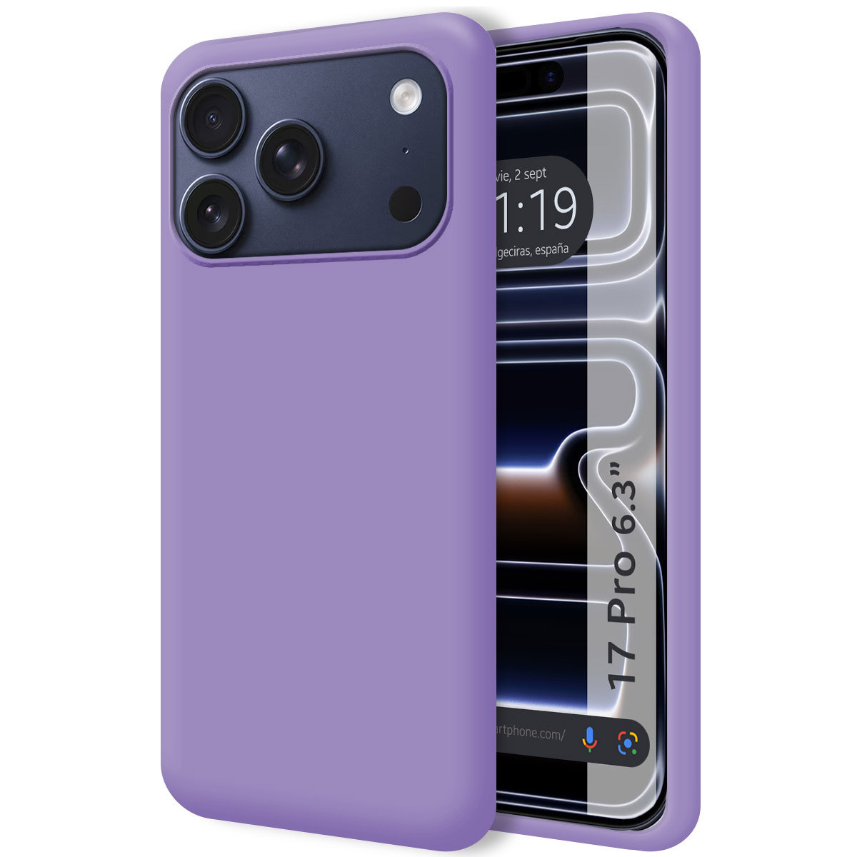 Una custodia per telefono viola con modulo fotocamera nero, che protegge un telefono che mostra schermo con ora e data.
