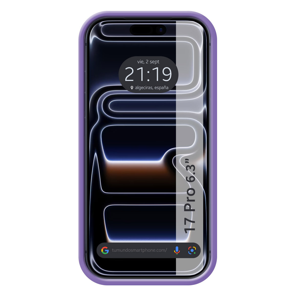 Uno smartphone con custodia viola mostra l'ora e la data. Lo schermo mostra un design scuro con linee bianche e il sito web.
