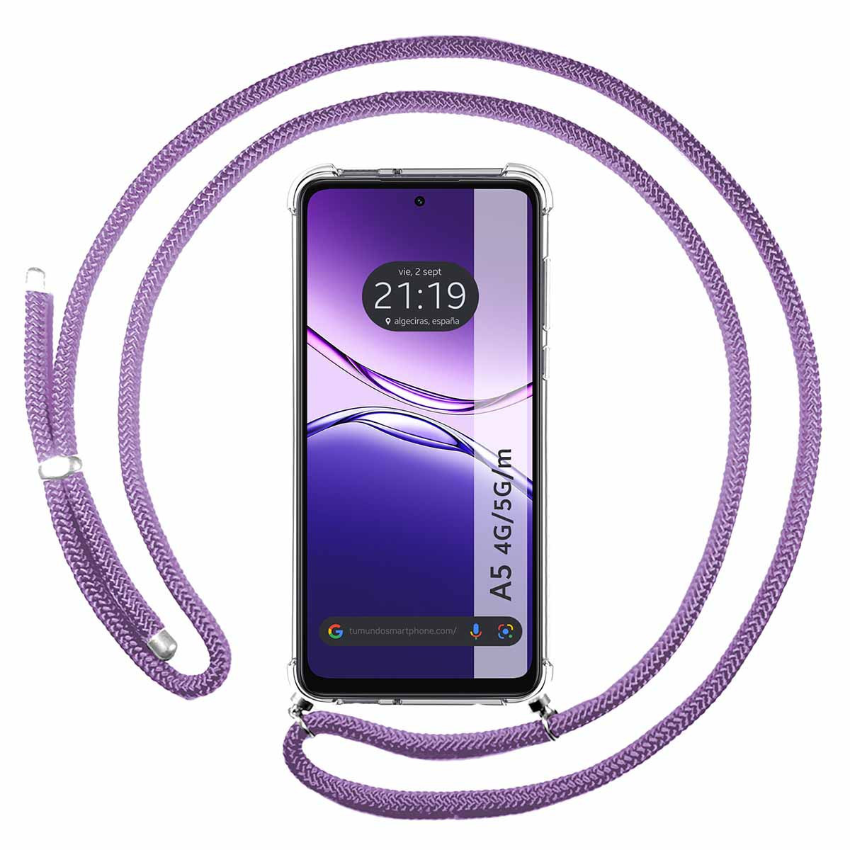 Smartphone con cinturino viola. Lo schermo mostra l'ora e il sito web. Il telefono è in una custodia trasparente.