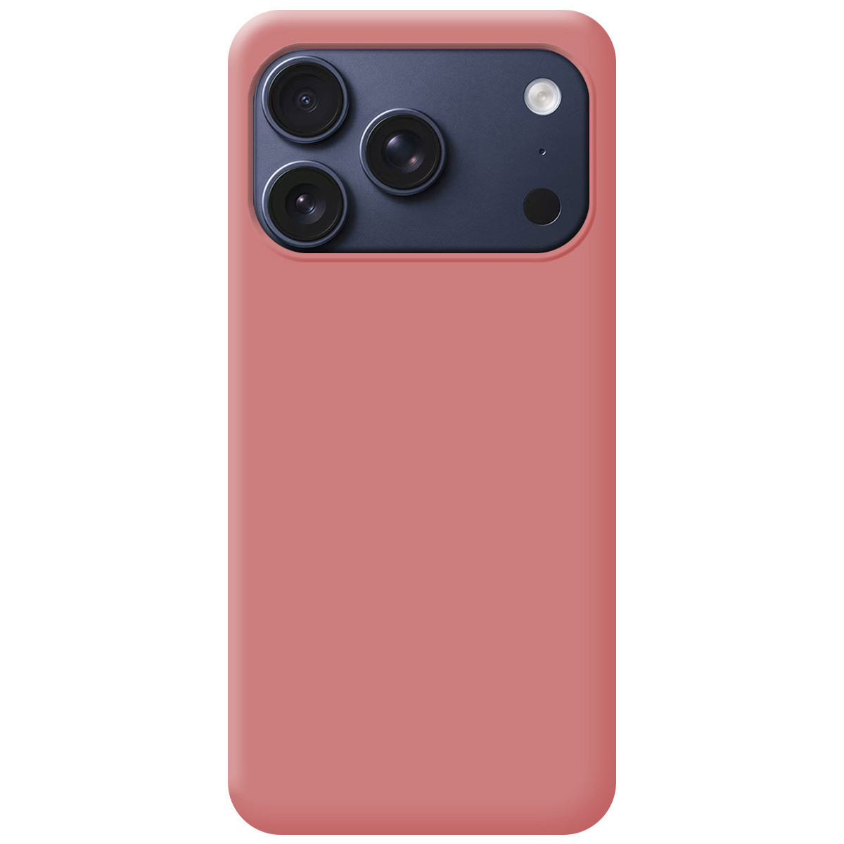 Una custodia per telefono con corpo rosa e modulo fotocamera blu scuro. Ha tre obiettivi e un flash. La custodia è arrotondata.