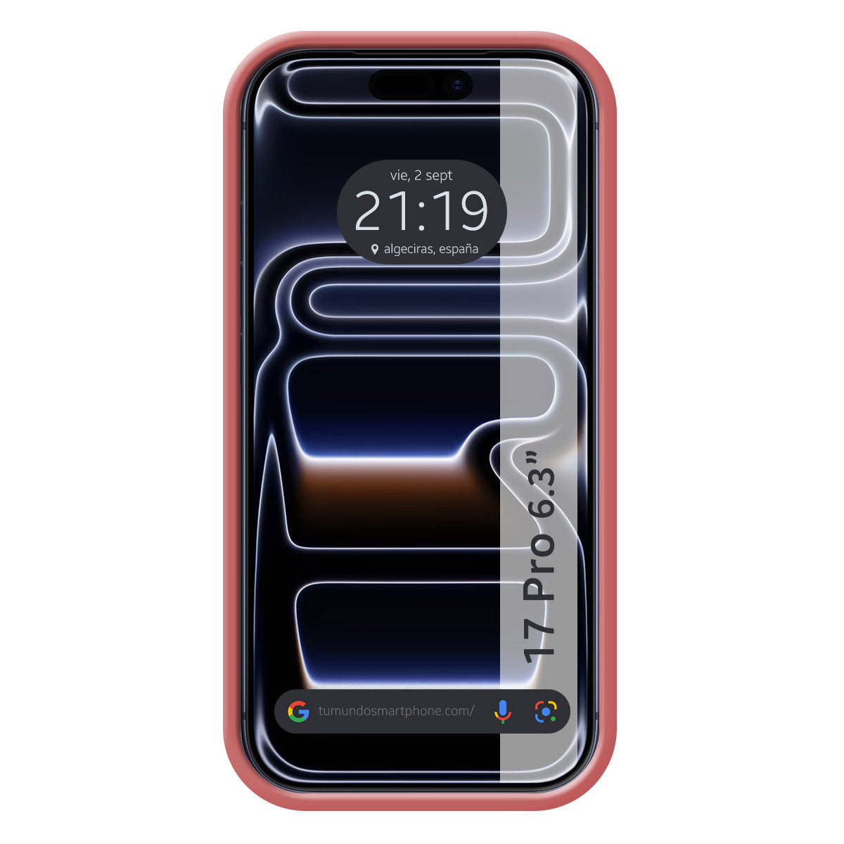 Uno smartphone con custodia rosa mostra un orologio digitale e icone di app. Lo schermo mostra uno sfondo scuro con linee bianche.