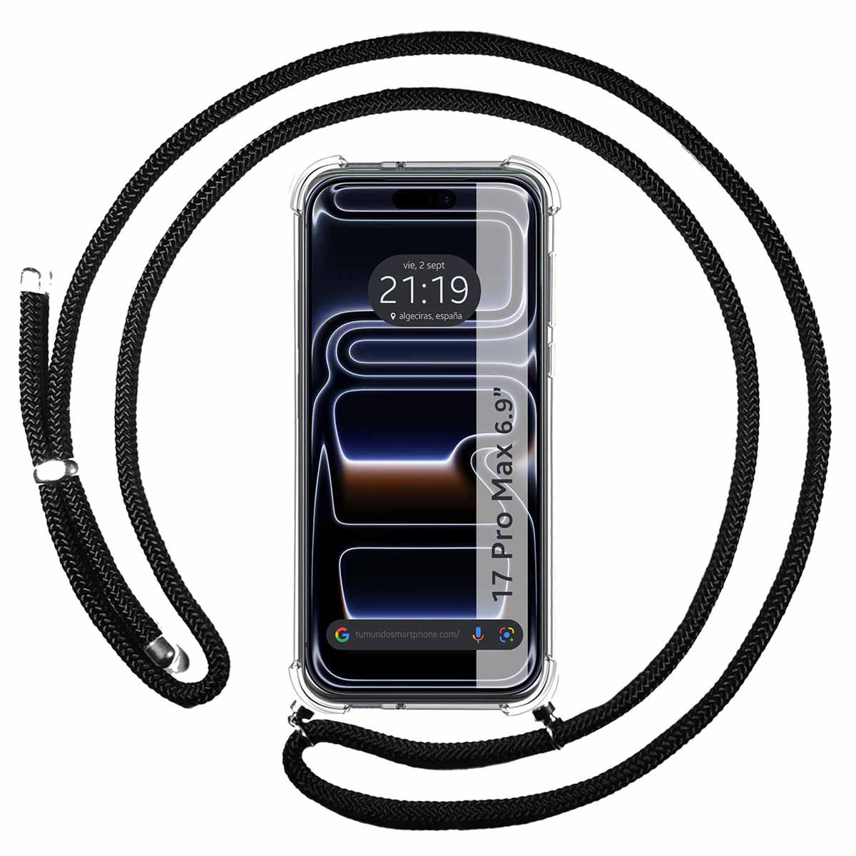Uno smartphone con un cordino nero è in mostra, mostrando l'ora e la data sullo schermo. Il telefono è in una custodia trasparente.