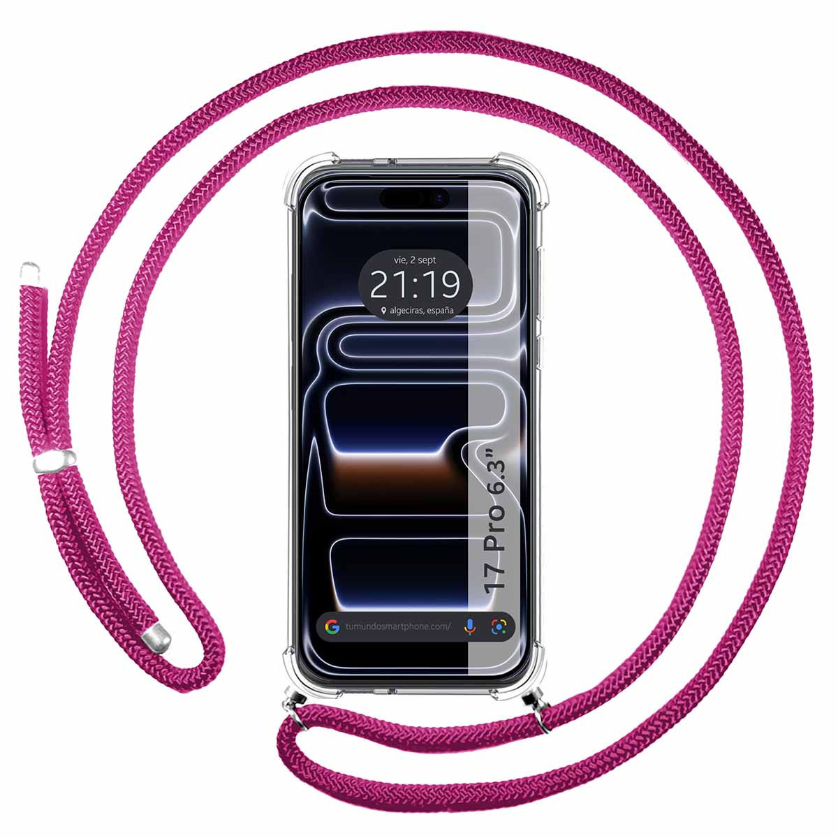 Uno smartphone con custodia trasparente e cordino rosa. Lo schermo mostra l'ora. Lo sfondo è bianco.