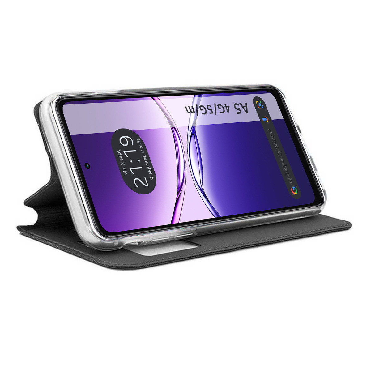 Uno smartphone mostra uno schermo viola con l'ora 21:19 e un indirizzo web. È in una custodia nera su una superficie bianca.