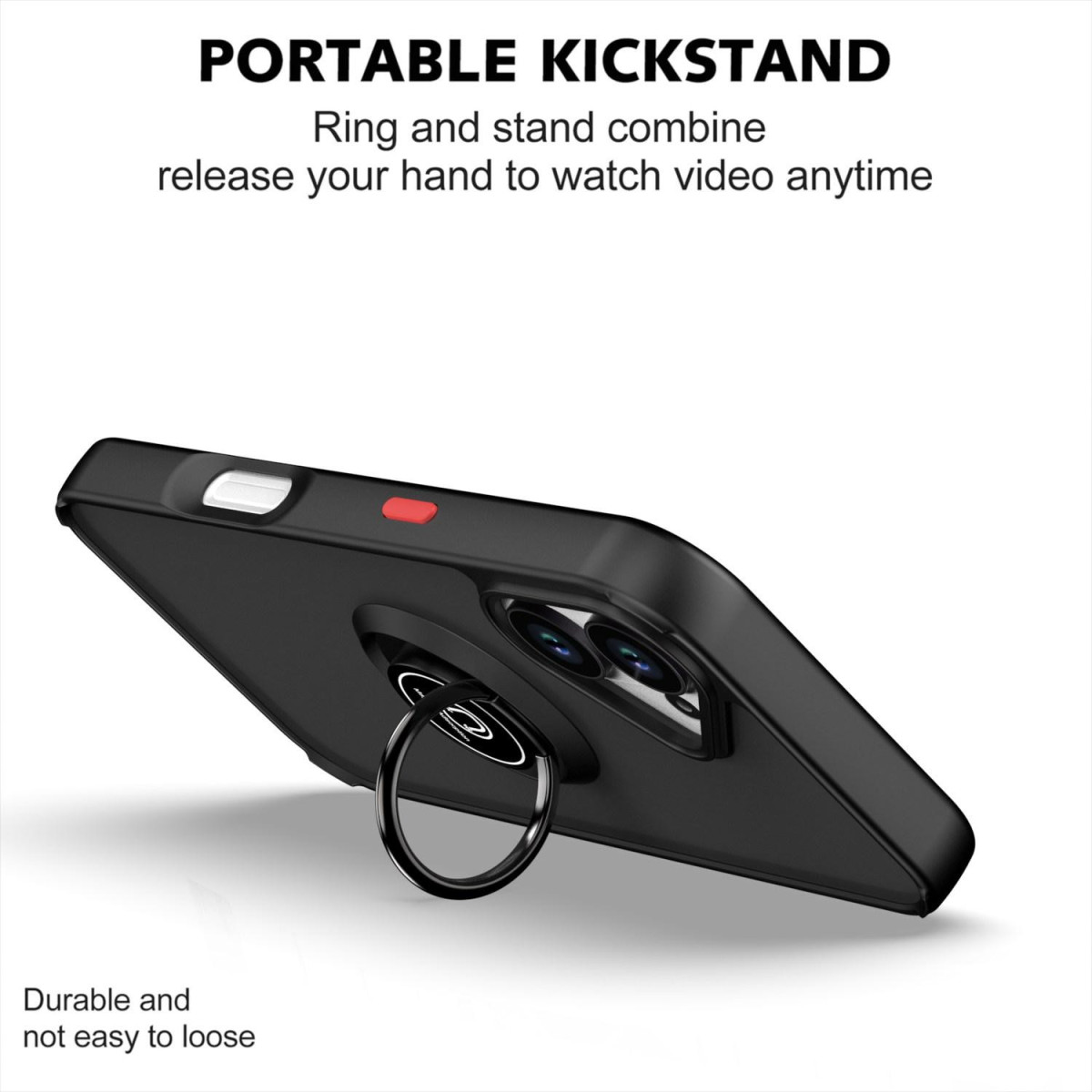 Custodia nera per telefono con anello di supporto. Il telefono è leggermente inclinato. In alto c'è scritto 'Portable Kickstand'.