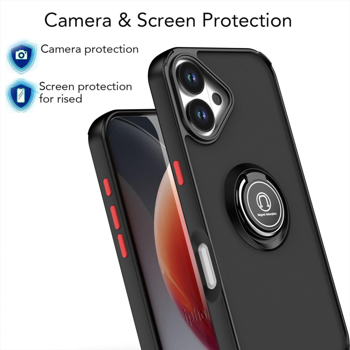 Custodia nera per telefono con protezione fotocamera e schermo. Ha un anello e dettagli rossi laterali.