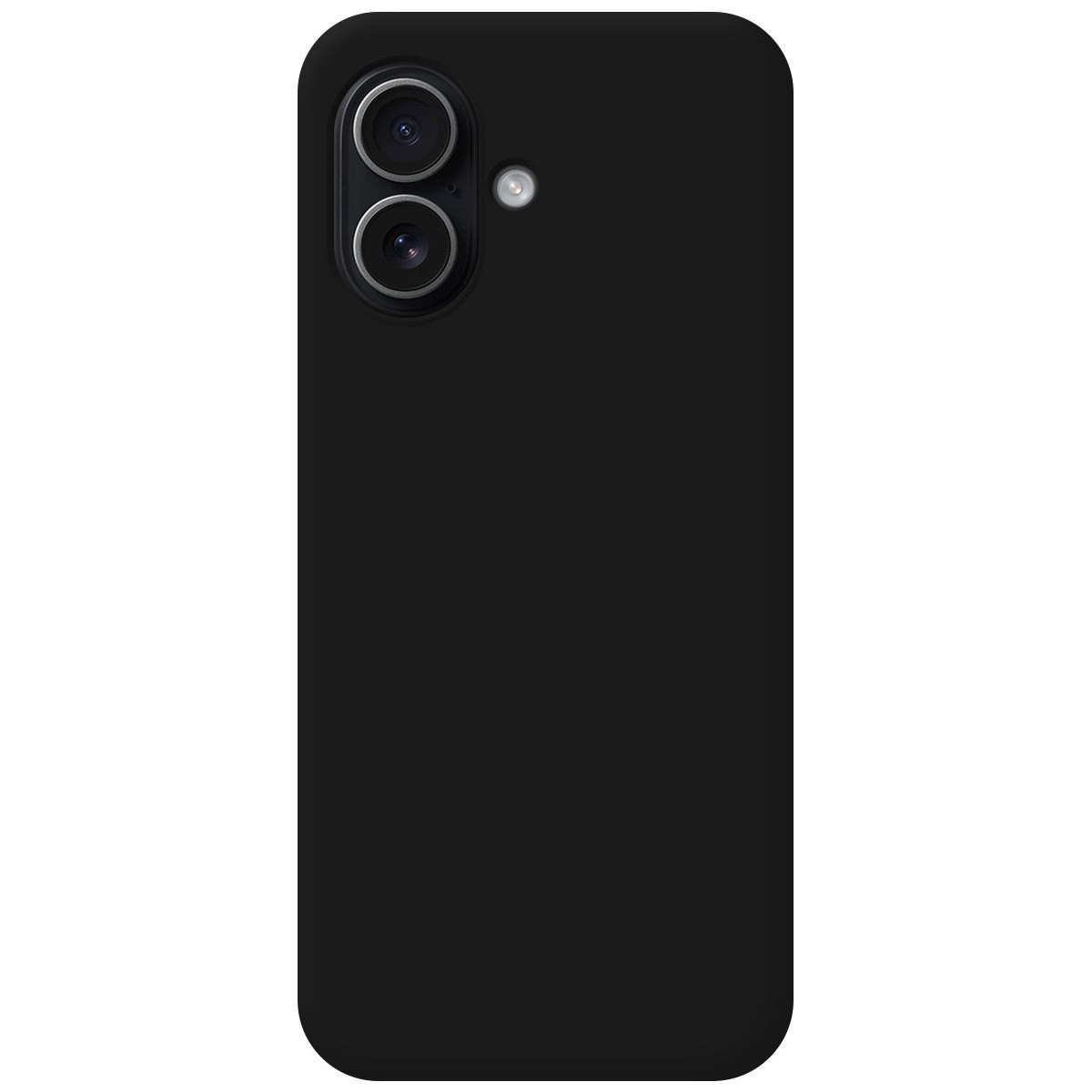 Una custodia nera per smartphone con lenti della fotocamera e flash. La custodia è un rettangolo arrotondato.