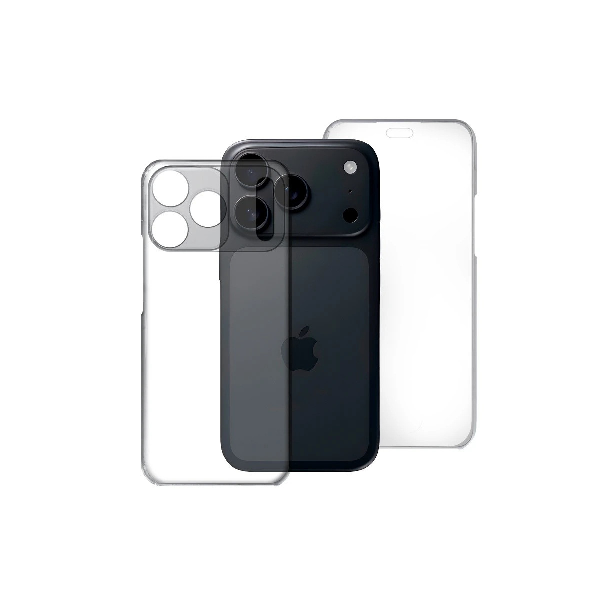Un iPhone nero con una custodia trasparente e un contorno trasparente di un telefono, il tutto su sfondo bianco.